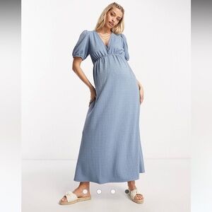 ASOS Design maternity shirred waist midi tea dress with volume sleeve blue 14